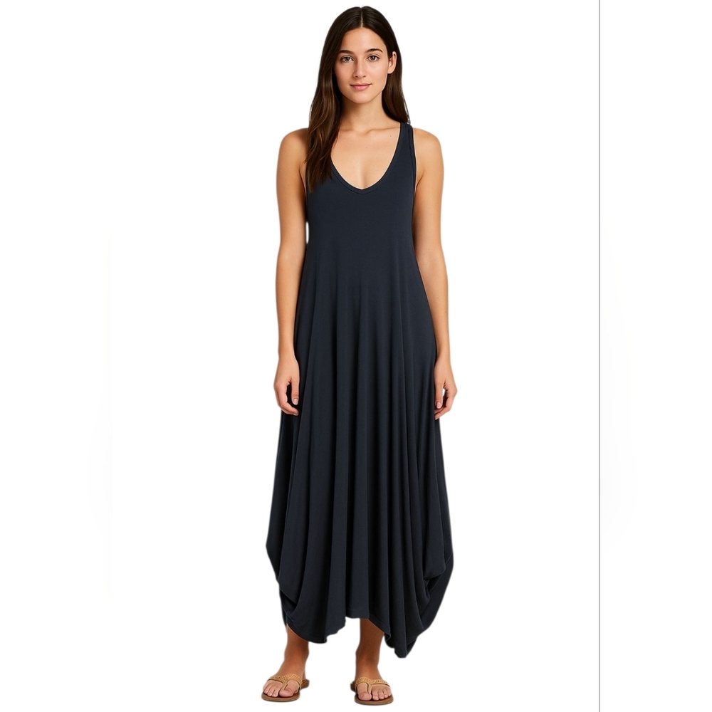 Labo.Art Solid Black V Cut Neckline Sleeveless Bunched Bottom Long Dress